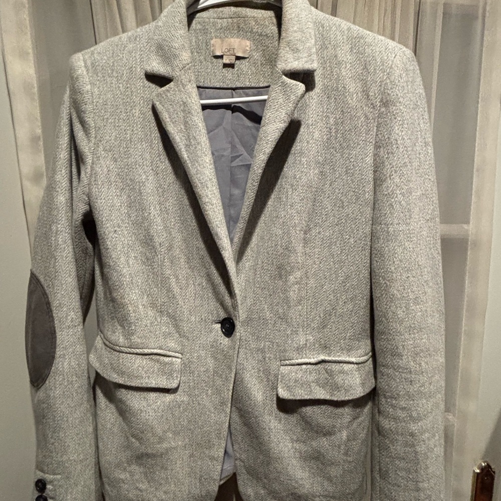 Loft Size 8P Gray Herringbone Blazer Jacket Elbow Patches 100% Cotton Academia